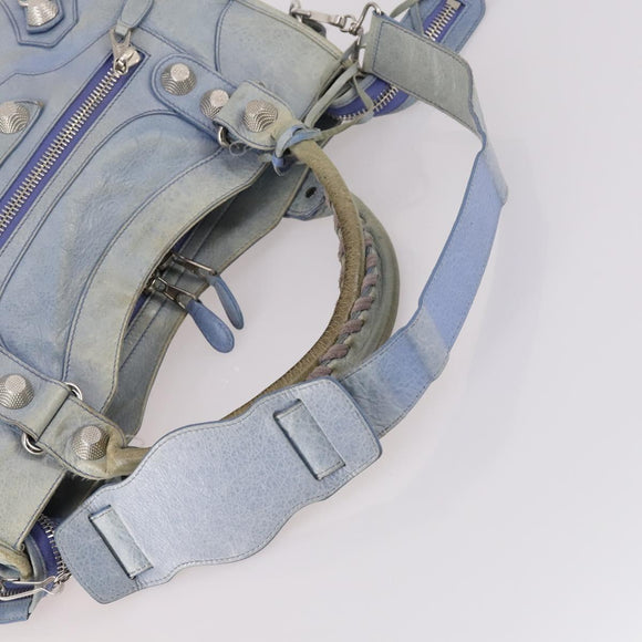 BALENCIAGA The Giant City Hand Bag Leather 2way Light Blue Silver Auth 142291