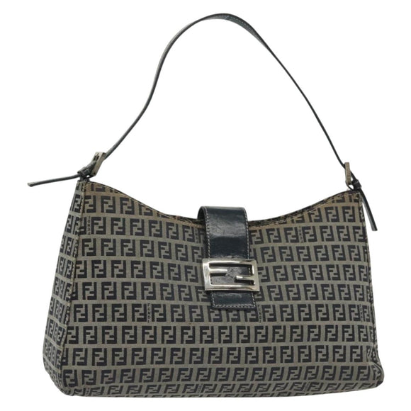 FENDI Zucchino Canvas Mamma Baguette Shoulder Bag Navy Silver Auth 142298