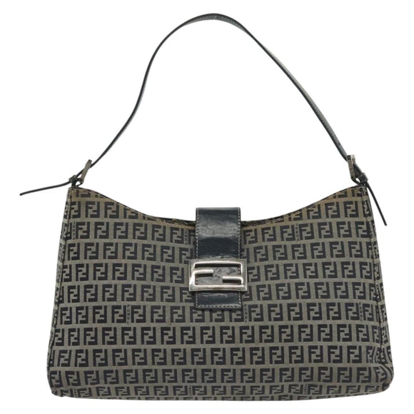 FENDI Zucchino Canvas Mamma Baguette Shoulder Bag Navy Silver Auth 142298