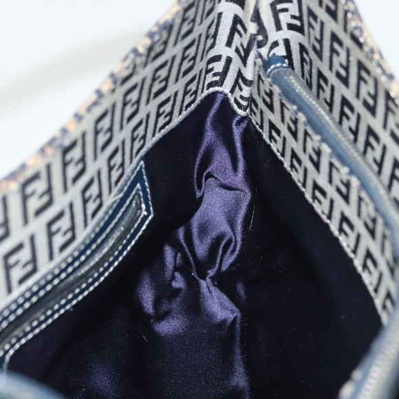 FENDI Zucchino Canvas Mamma Baguette Shoulder Bag Navy Silver Auth 142298