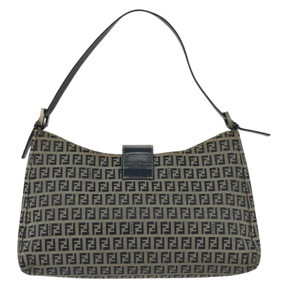 FENDI Zucchino Canvas Mamma Baguette Shoulder Bag Navy Silver Auth 142298