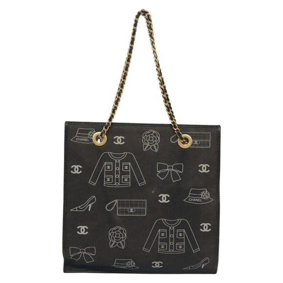 CHANEL Chain Tote Bag Canvas Black Gold CC Auth 142312