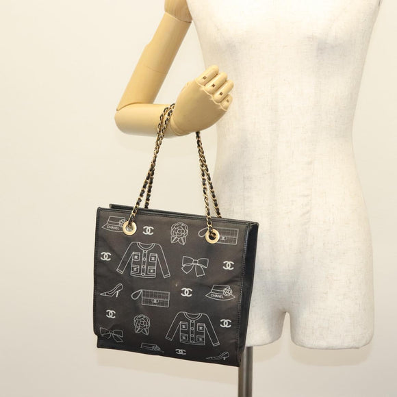 CHANEL Chain Tote Bag Canvas Black Gold CC Auth 142312