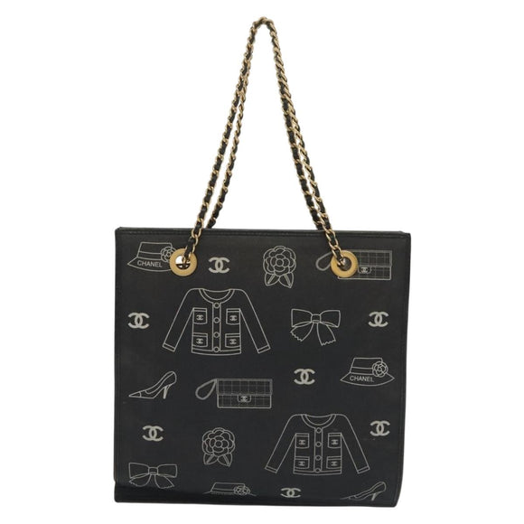 CHANEL Chain Tote Bag Canvas Black Gold CC Auth 142312