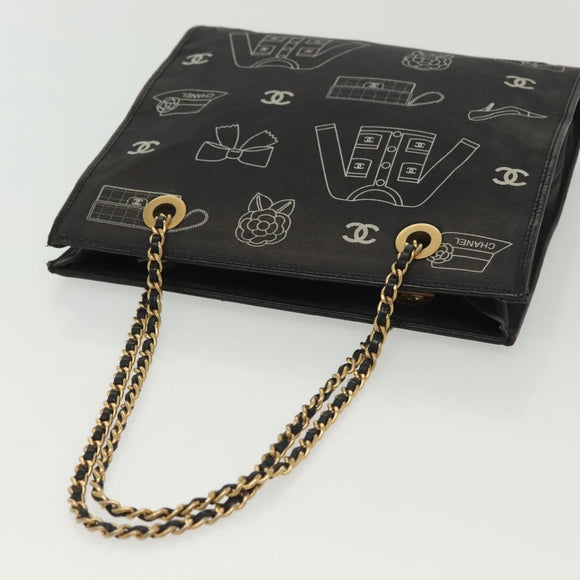 CHANEL Chain Tote Bag Canvas Black Gold CC Auth 142312