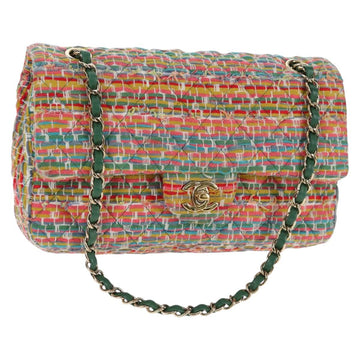 CHANEL Double Flap Matelasse 25 Chain Bag tweed Multicolor Gold CC Auth 142314M