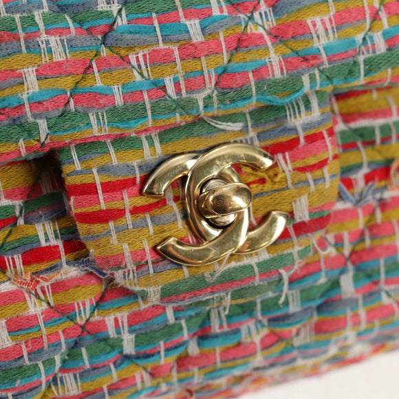 CHANEL Double Flap Matelasse 25 Chain Bag tweed Multicolor Gold CC Auth 142314SM