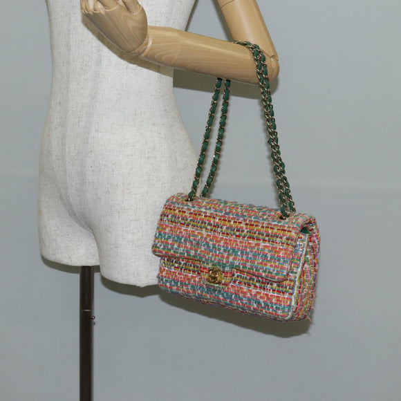 CHANEL Double Flap Matelasse 25 Chain Bag tweed Multicolor Gold CC Auth 142314M