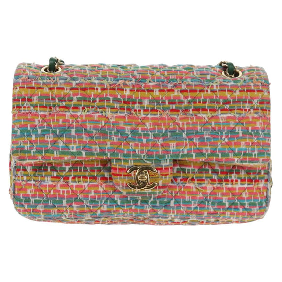 CHANEL Double Flap Matelasse 25 Chain Bag tweed Multicolor Gold CC Auth 142314SM