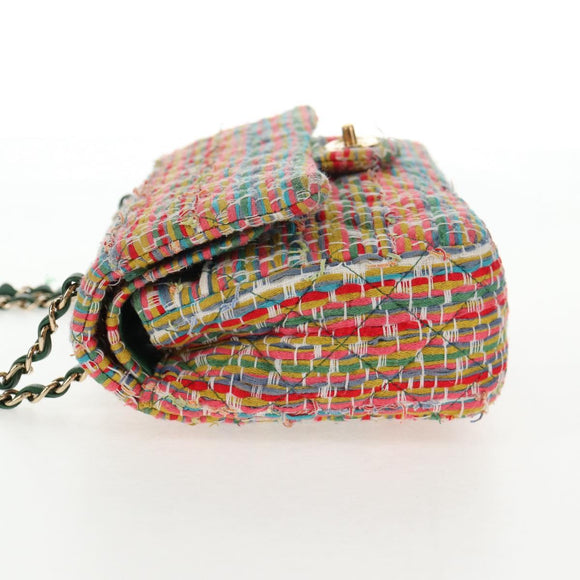 CHANEL Double Flap Matelasse 25 Chain Bag tweed Multicolor Gold CC Auth 142314M
