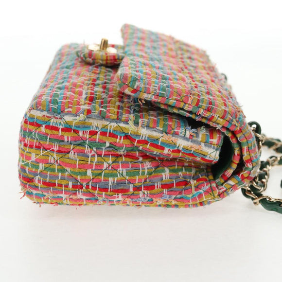 CHANEL Double Flap Matelasse 25 Chain Bag tweed Multicolor Gold CC Auth 142314M