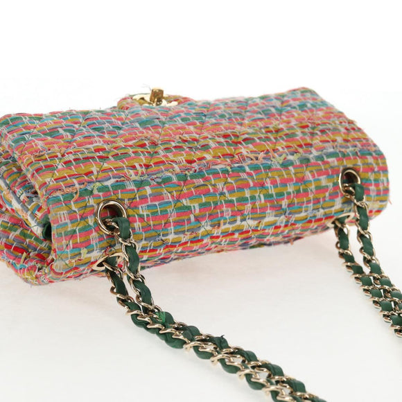 CHANEL Double Flap Matelasse 25 Chain Bag tweed Multicolor Gold CC Auth 142314M