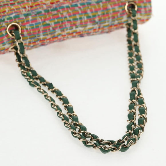 CHANEL Double Flap Matelasse 25 Chain Bag tweed Multicolor Gold CC Auth 142314M