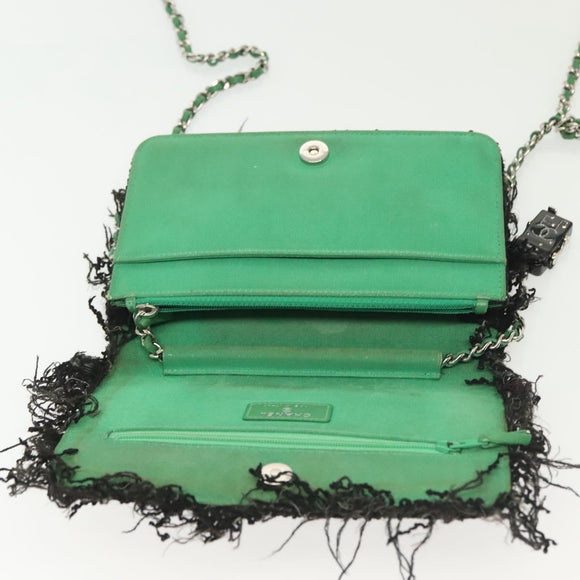 CHANEL Chain Wallet Tweed Black Silver CC Auth 142315