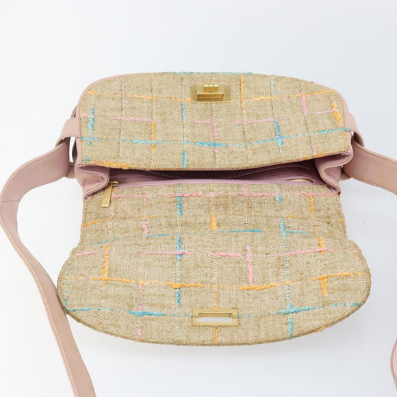 CHANEL Choco Bar 2.55 Shoulder Bag tweed 2way Beige Gold CC Auth 142316