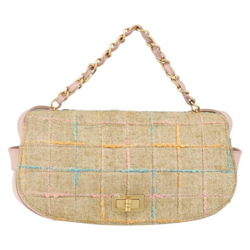 CHANEL Choco Bar 2.55 Shoulder Bag tweed 2way Beige Gold CC Auth 142316 - 0