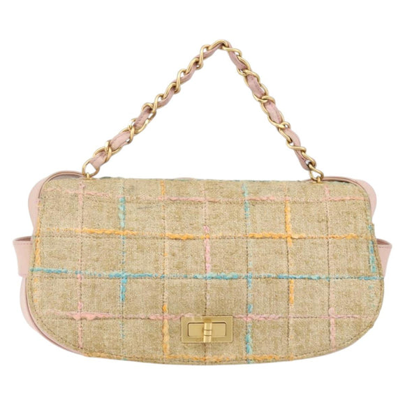 CHANEL Choco Bar 2.55 Shoulder Bag tweed 2way Beige Gold CC Auth 142316
