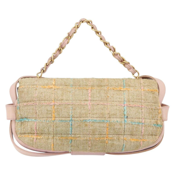 CHANEL Choco Bar 2.55 Shoulder Bag tweed 2way Beige Gold CC Auth 142316