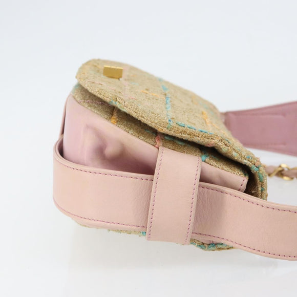 CHANEL Choco Bar 2.55 Shoulder Bag tweed 2way Beige Gold CC Auth 142316