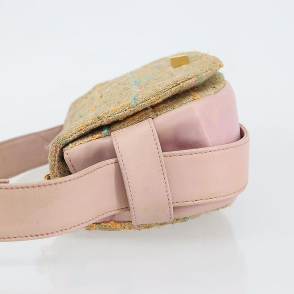 CHANEL Choco Bar 2.55 Shoulder Bag tweed 2way Beige Gold CC Auth 142316