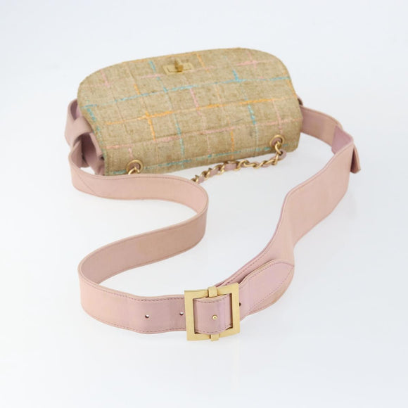 CHANEL Choco Bar 2.55 Shoulder Bag tweed 2way Beige Gold CC Auth 142316