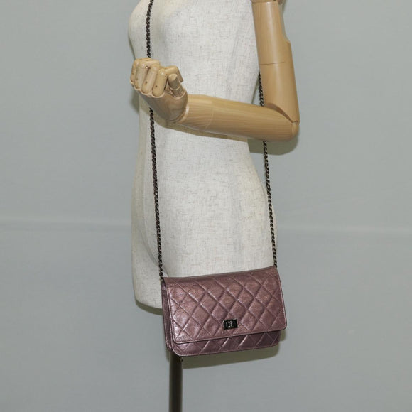 CHANEL Chain Matelasse 2.55 Shoulder Bag Leather Pink Silver CC Auth 142319V