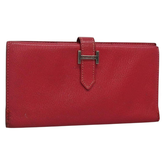 HERMES Wallet Leather Red Silver Auth 142361