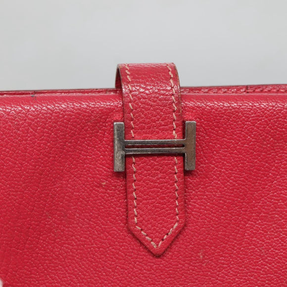 HERMES Wallet Leather Red Silver Auth 142361
