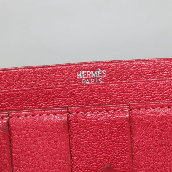 HERMES Wallet Leather Red Silver Auth 142361