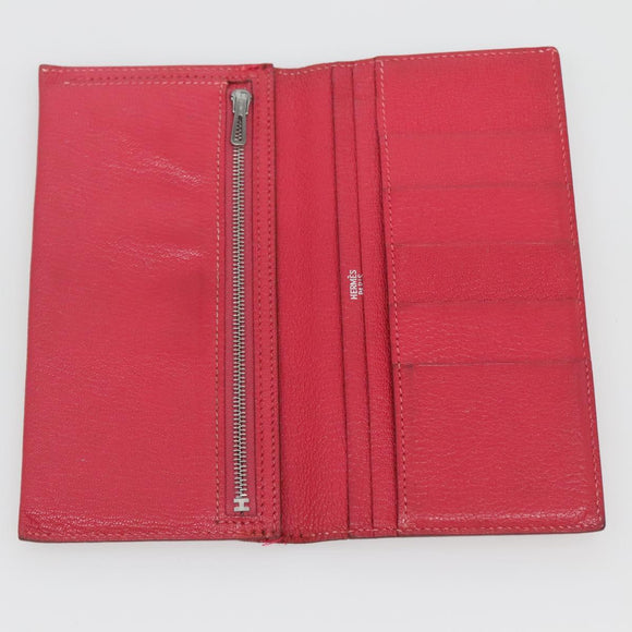 HERMES Wallet Leather Red Silver Auth 142361