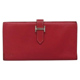 HERMES Wallet Leather Red Silver Auth 142361 - 0