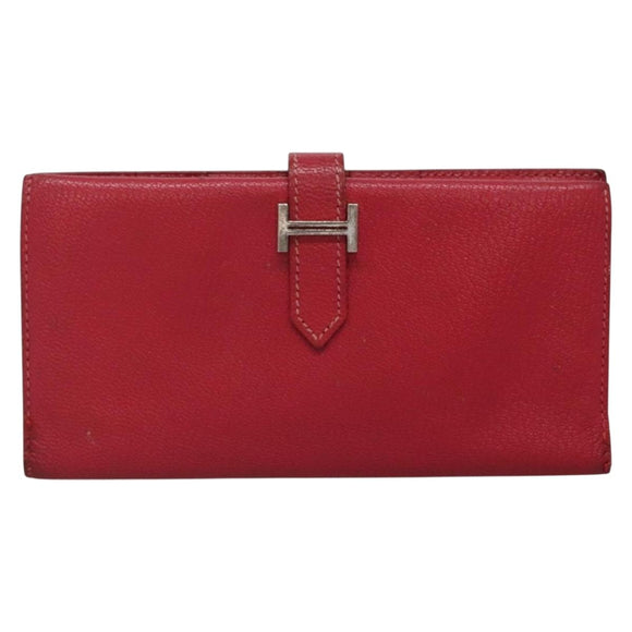 HERMES Wallet Leather Red Silver Auth 142361