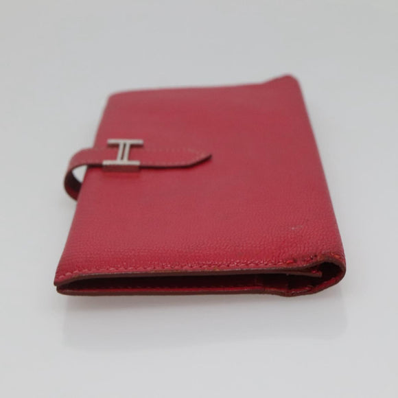 HERMES Wallet Leather Red Silver Auth 142361