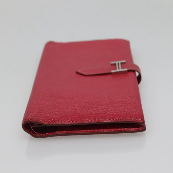HERMES Wallet Leather Red Silver Auth 142361