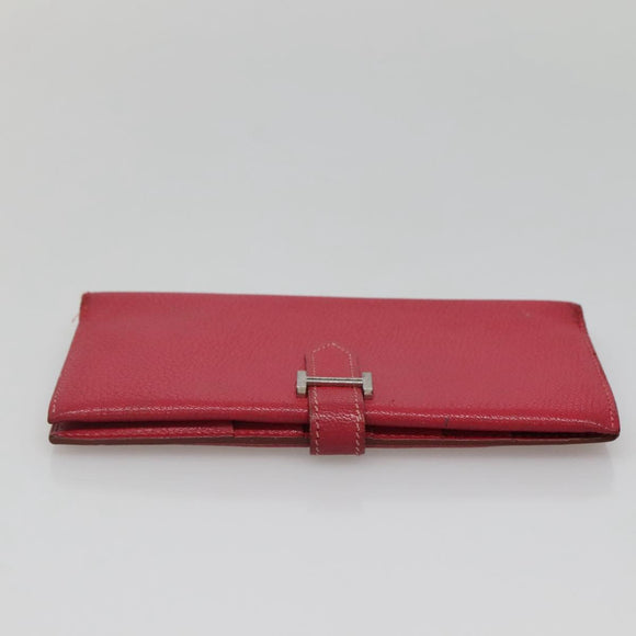 HERMES Wallet Leather Red Silver Auth 142361