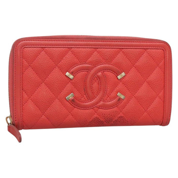 CHANEL Matelasse Long Wallet Caviar Skin Pink Gold CC Auth 142363