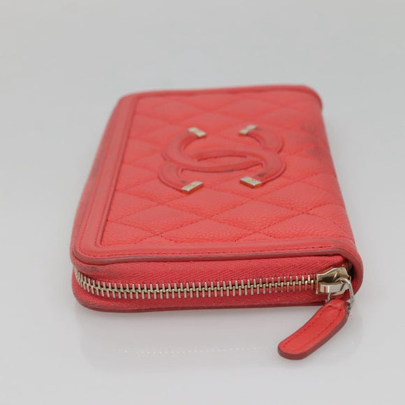 CHANEL Matelasse Long Wallet Caviar Skin Pink Gold CC Auth 142363