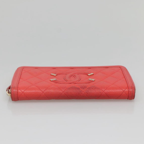 CHANEL Matelasse Long Wallet Caviar Skin Pink Gold CC Auth 142363