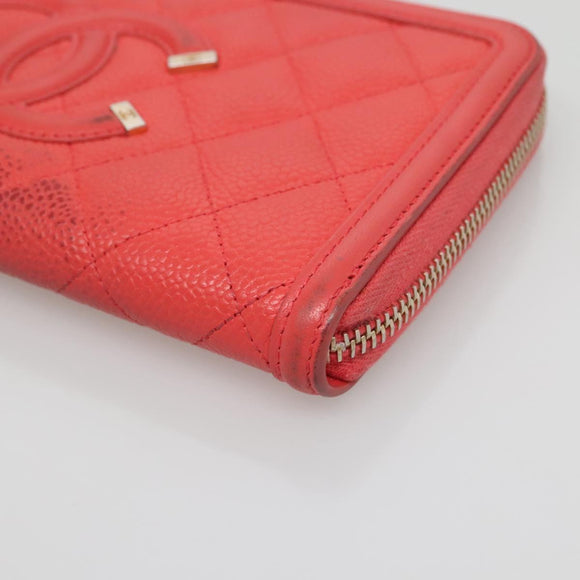 CHANEL Matelasse Long Wallet Caviar Skin Pink Gold CC Auth 142363