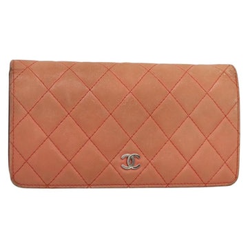 CHANEL Matelasse Long Wallet Lamb Skin Orange Silver CC Auth 142365