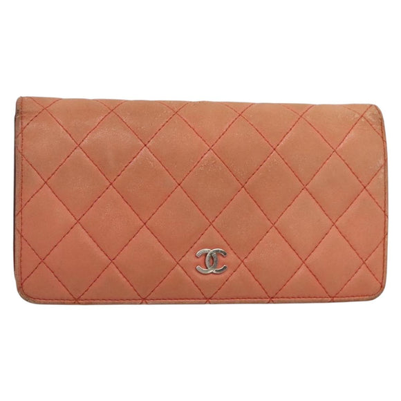 CHANEL Matelasse Long Wallet Lamb Skin Orange Silver CC Auth 142365