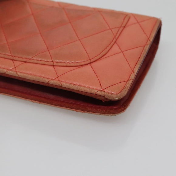 CHANEL Matelasse Long Wallet Lamb Skin Orange Silver CC Auth 142365