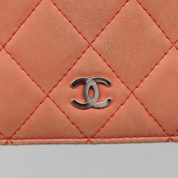 CHANEL Matelasse Long Wallet Lamb Skin Orange Silver CC Auth 142365