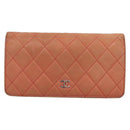 CHANEL Matelasse Long Wallet Lamb Skin Orange Silver CC Auth 142365-13