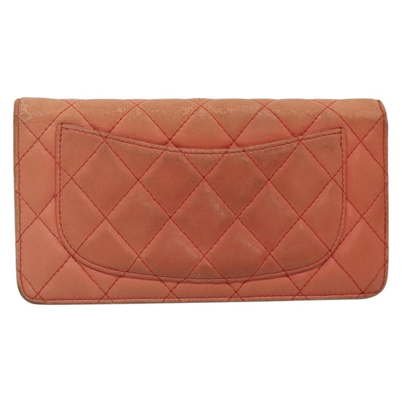 CHANEL Matelasse Long Wallet Lamb Skin Orange Silver CC Auth 142365