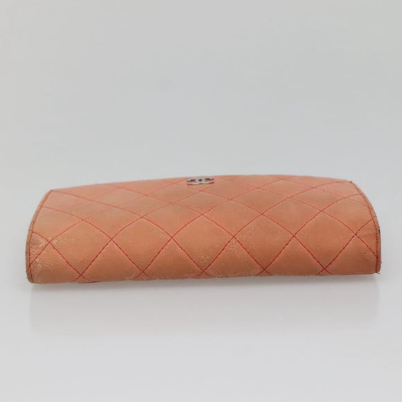 CHANEL Matelasse Long Wallet Lamb Skin Orange Silver CC Auth 142365