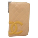CHANEL Cambon Line Matelasse Long Wallet Calf Skin Orange Silver CC Auth 142366-1
