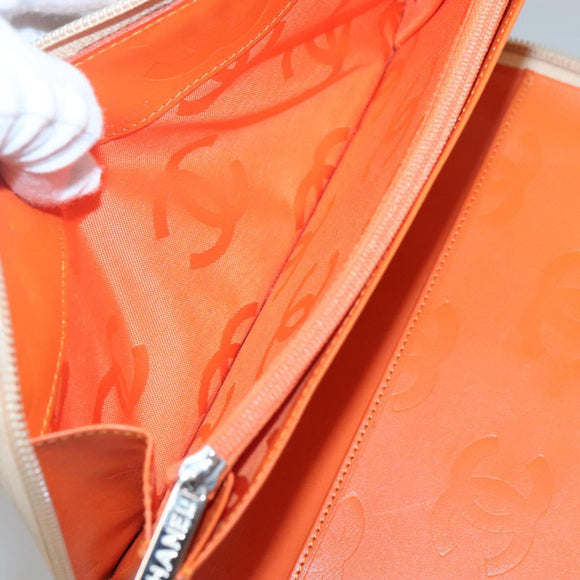 CHANEL Cambon Line Matelasse Long Wallet Calf Skin Orange Silver CC Auth 142366