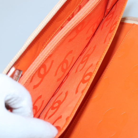 CHANEL Cambon Line Matelasse Long Wallet Calf Skin Orange Silver CC Auth 142366