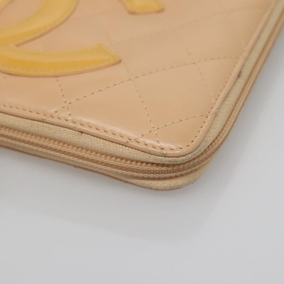 CHANEL Cambon Line Matelasse Long Wallet Calf Skin Orange Silver CC Auth 142366